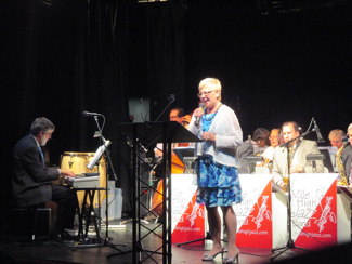 Photograph of Cindee LeVal with MHJB at Brewery Arts Center Performance Hall.