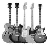 Photograph of 5 guitars